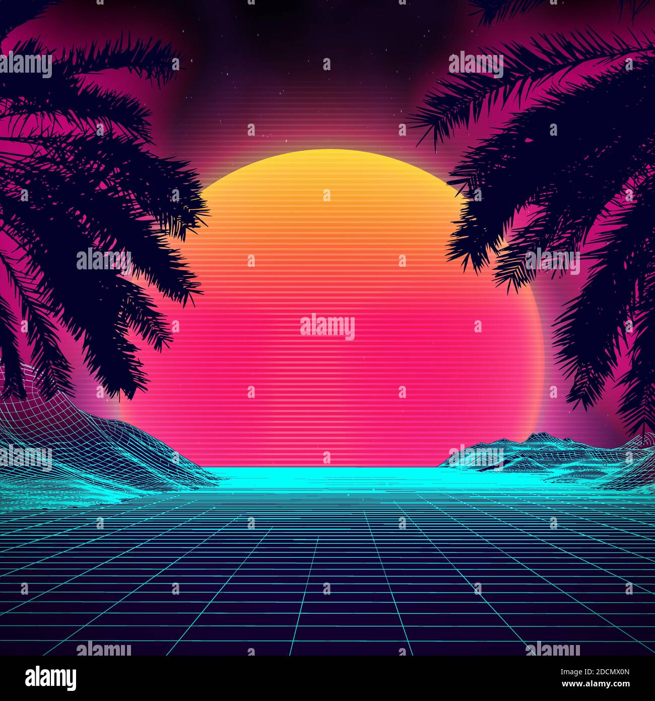 3d sunset on the beach. Retro palms vector sci fi background. Digital ...