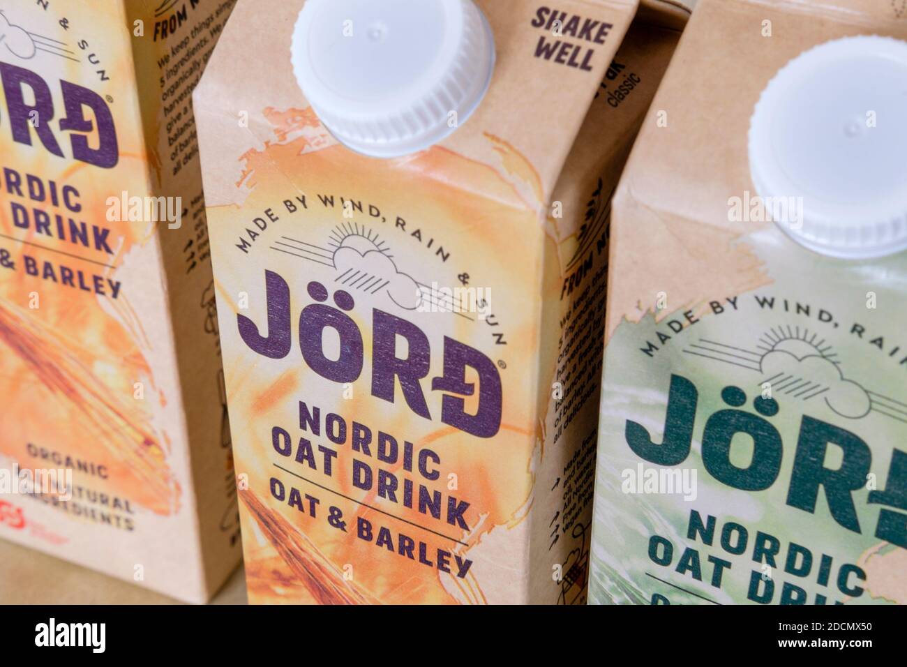 Cartons of Jörd Nordic oat drink milk alternative. Stock Photo