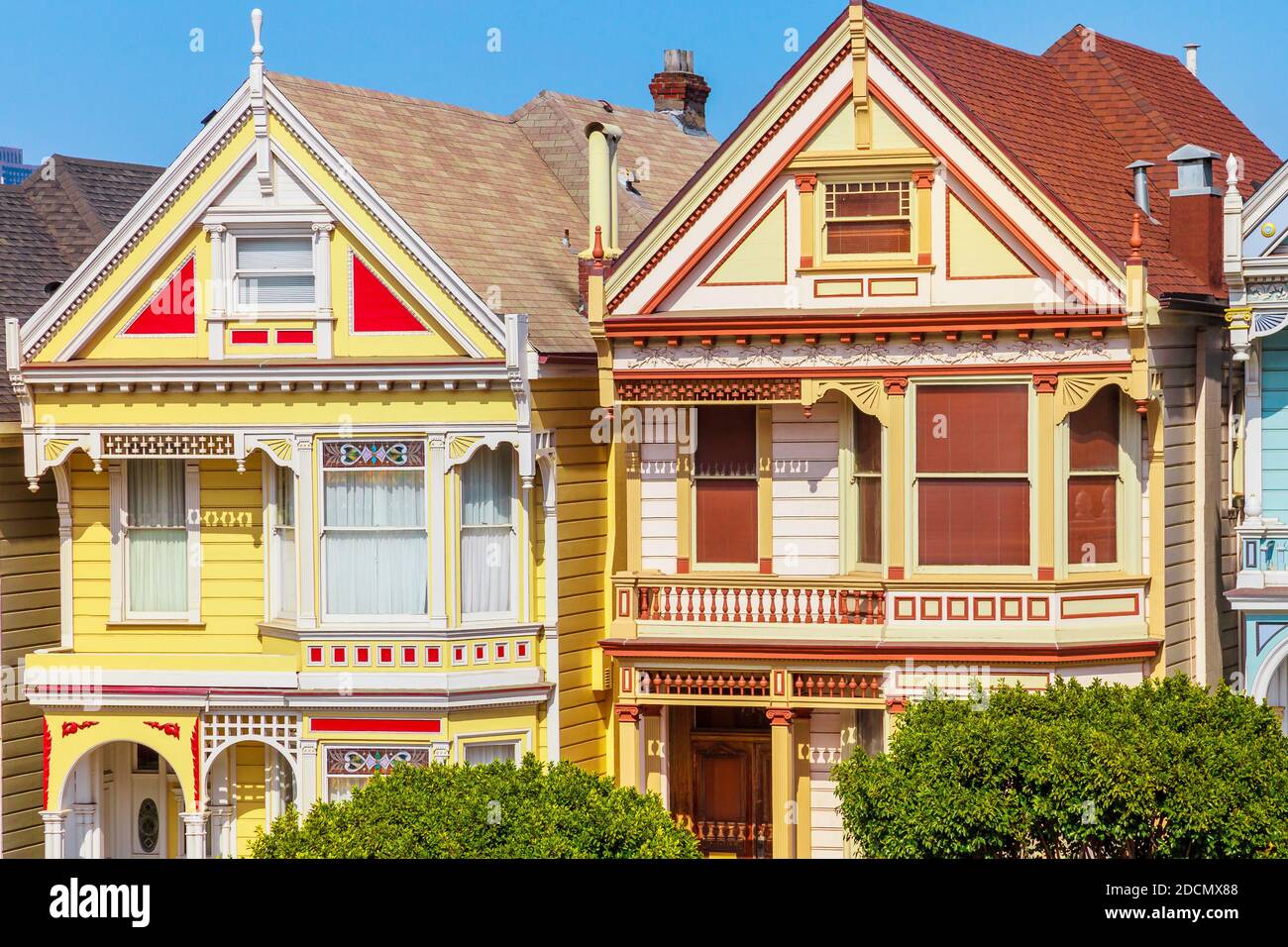 San Francisco, California, United States - Aug 17, 2016: two of Seven Sisters or Painted Ladies Victorian Houses in Haight-Ashbury, famous for variety Stock Photo