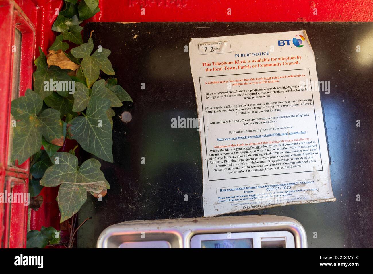 A notice inside an old BT phone box stating the phone is now out of use. Ivy creeps down the inside of box. Stock Photo