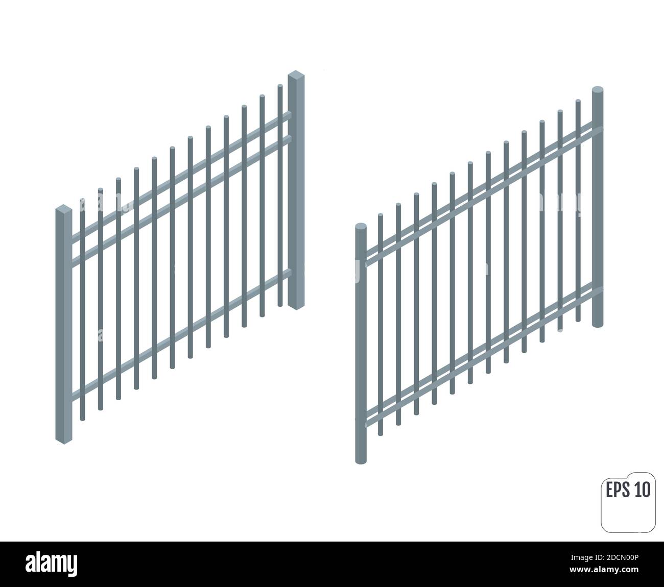 Isometric metall fence sections. Fencing constructor. Stock Vector