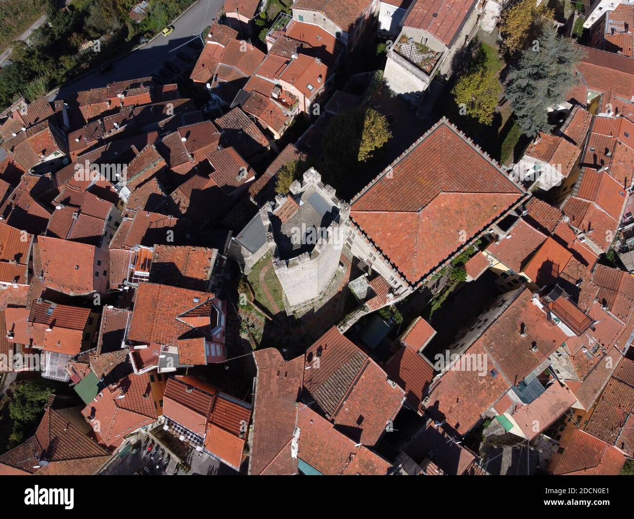 Arcola,  La Spezia, Liguria / Italy - 10/15/2020: Aerial view of Arcola with the pentagonal tower Stock Photo