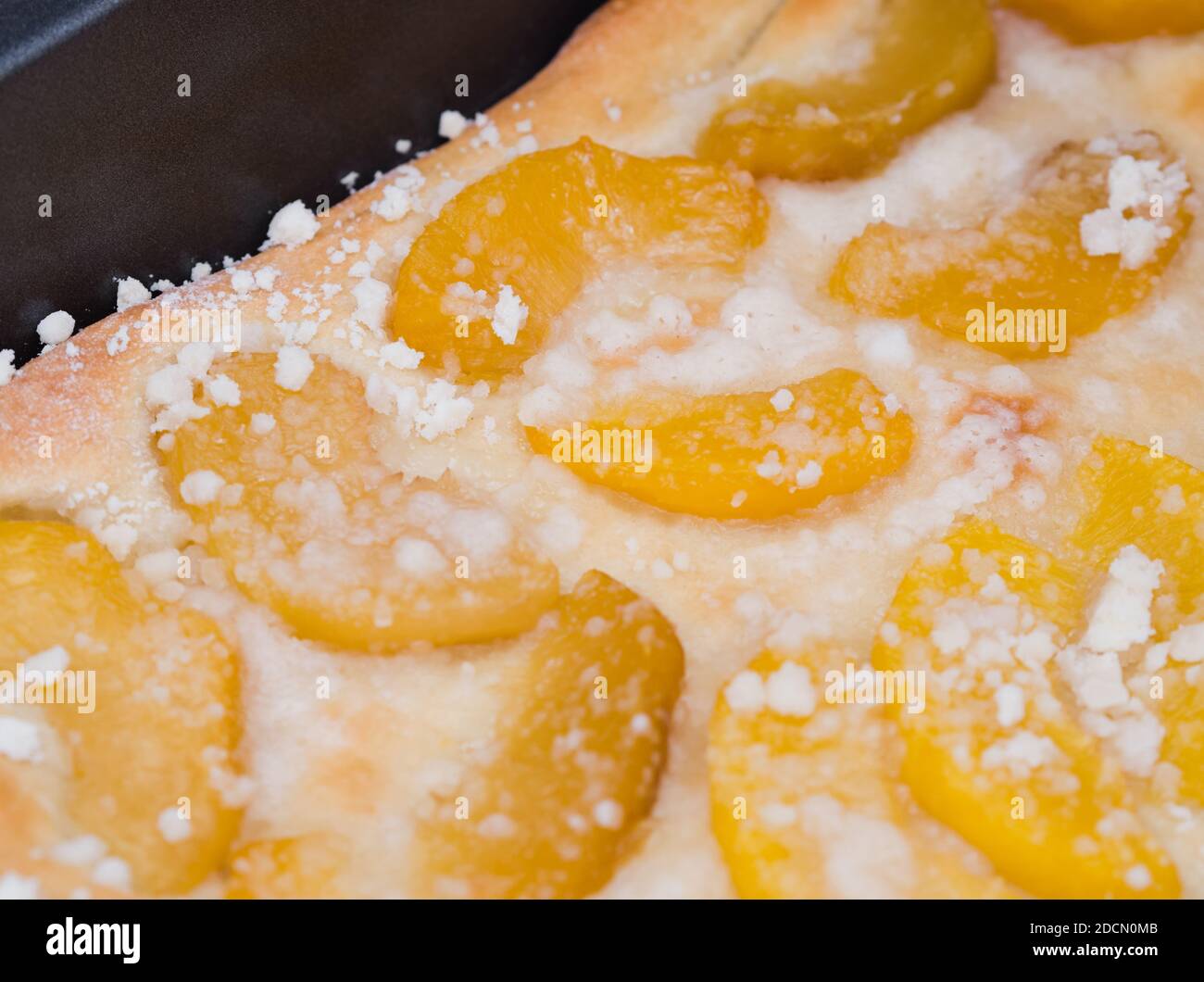 Delicious Peach Pie with Cottage Cheese Closeup Stock Photo