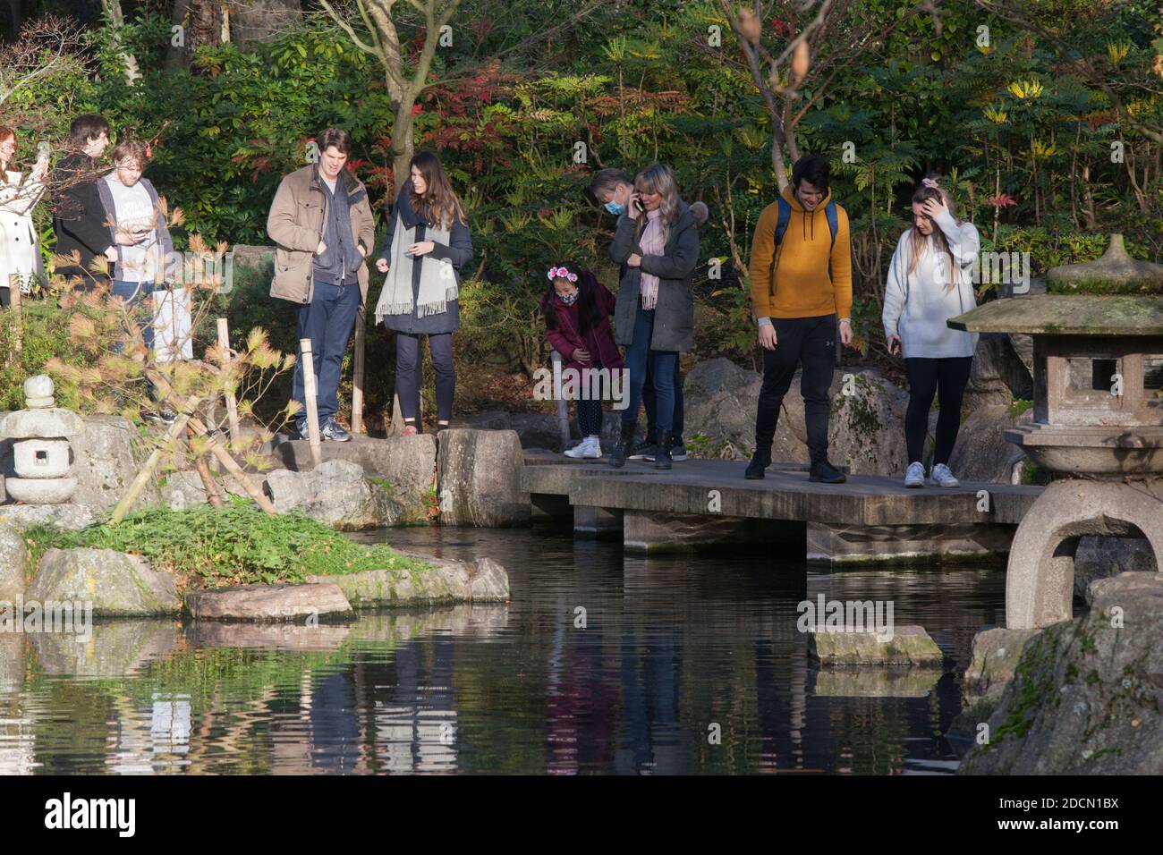 UK Weather, London, 22 November 2020: On a sunny Sunday in London people flock to Holland Park, where queues formed in the Kyoto Garden and visitors photographed squirrels and peacocks.Very few people wore face masks but most made an attempt at social distancing. Announcements are planned tomorrow (Monday) about a new tier system of covid restrictions to be implemented once the current lockdown finishes on 2 December. Anna Watson/Alamy Live News Stock Photo