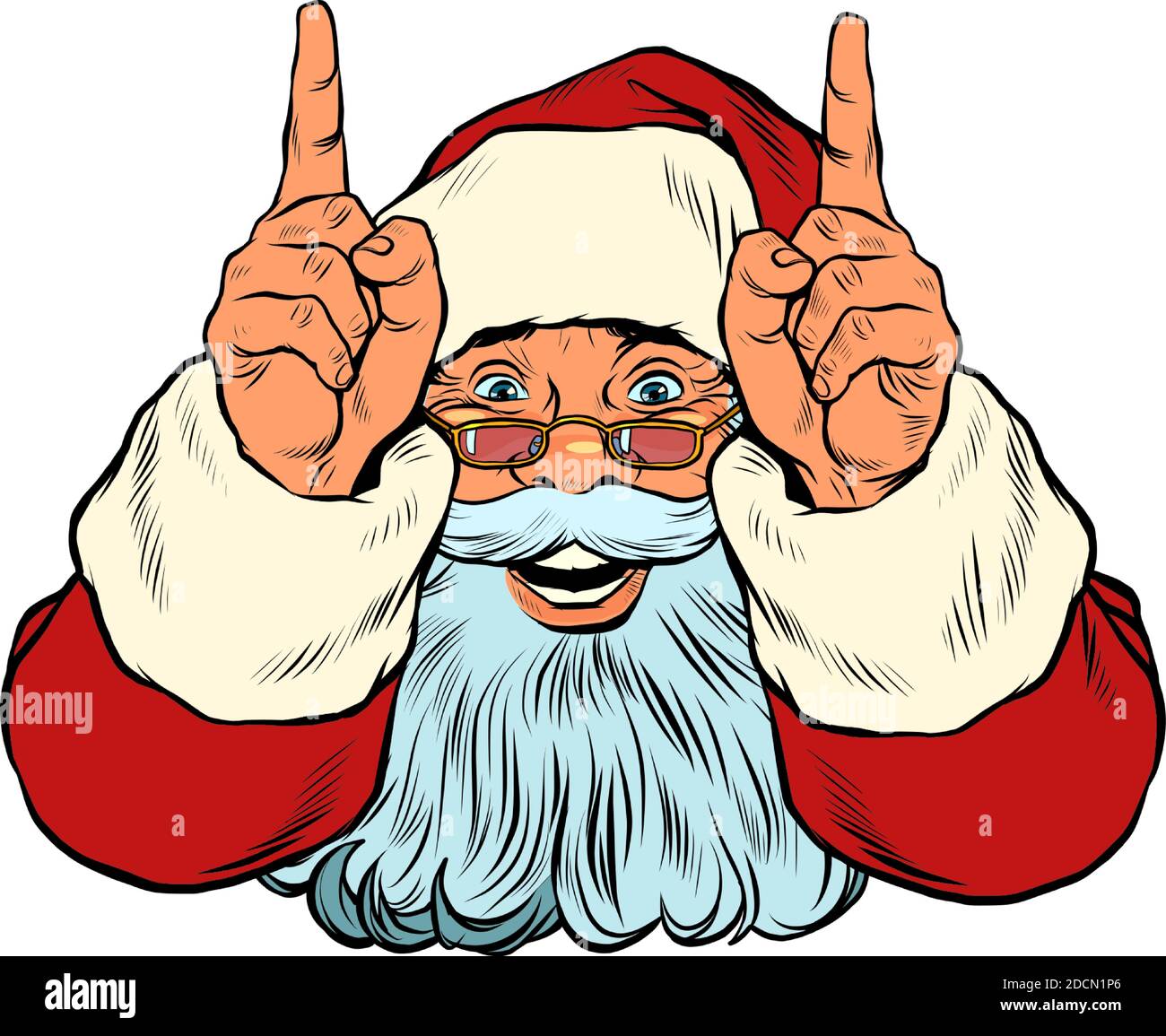 Santa Claus points up. Presentation gesture Stock Vector