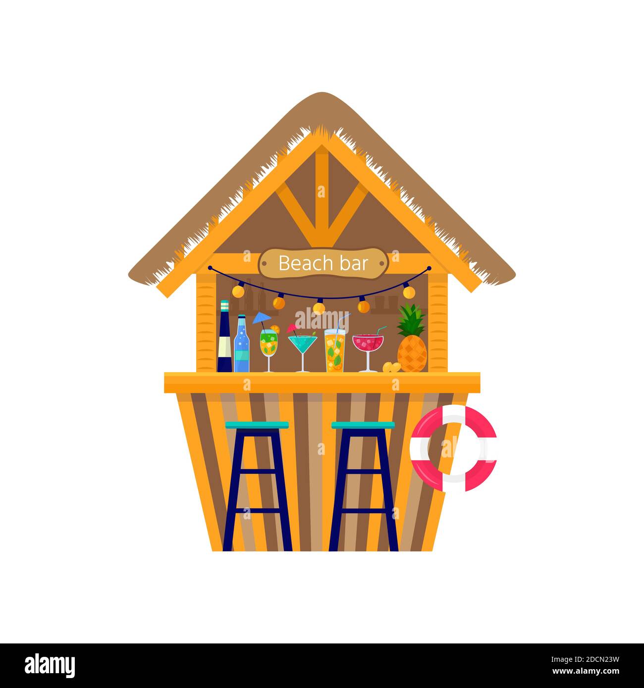 Beach tropical tiki bar with fruit shakes, alcohol drinks and exotic cocktails. Summer vacation concept with cafe bungalows on the ocean coast. Flat Stock Vector