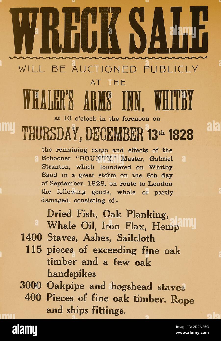 A typical example of what a Victorian wreck sale poster would look like. It was common in Victorian times that wrecked ships and their cargoes were put up for sale, sometimes as early as the next day. This poster shows typically  what would be put up for auction. Stock Photo
