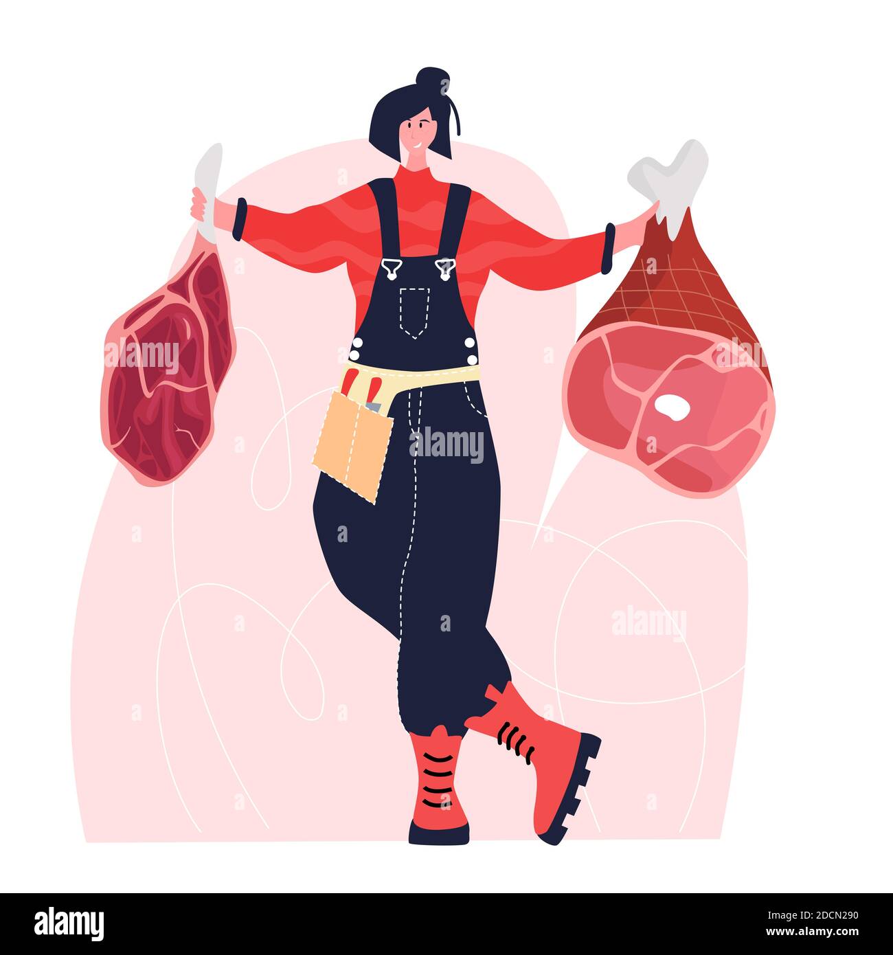Butcher woman. Female profession. Feminism. Fresh meat and meat products Meat market worker. Isolated vector illustration Stock Vector