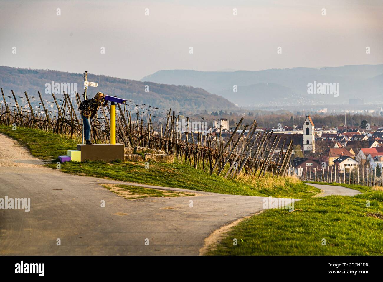 Artist Tobias Rehberger's waymark 'Fernglas' offers the view from the vineyard to Weil am Rhein Stock Photo