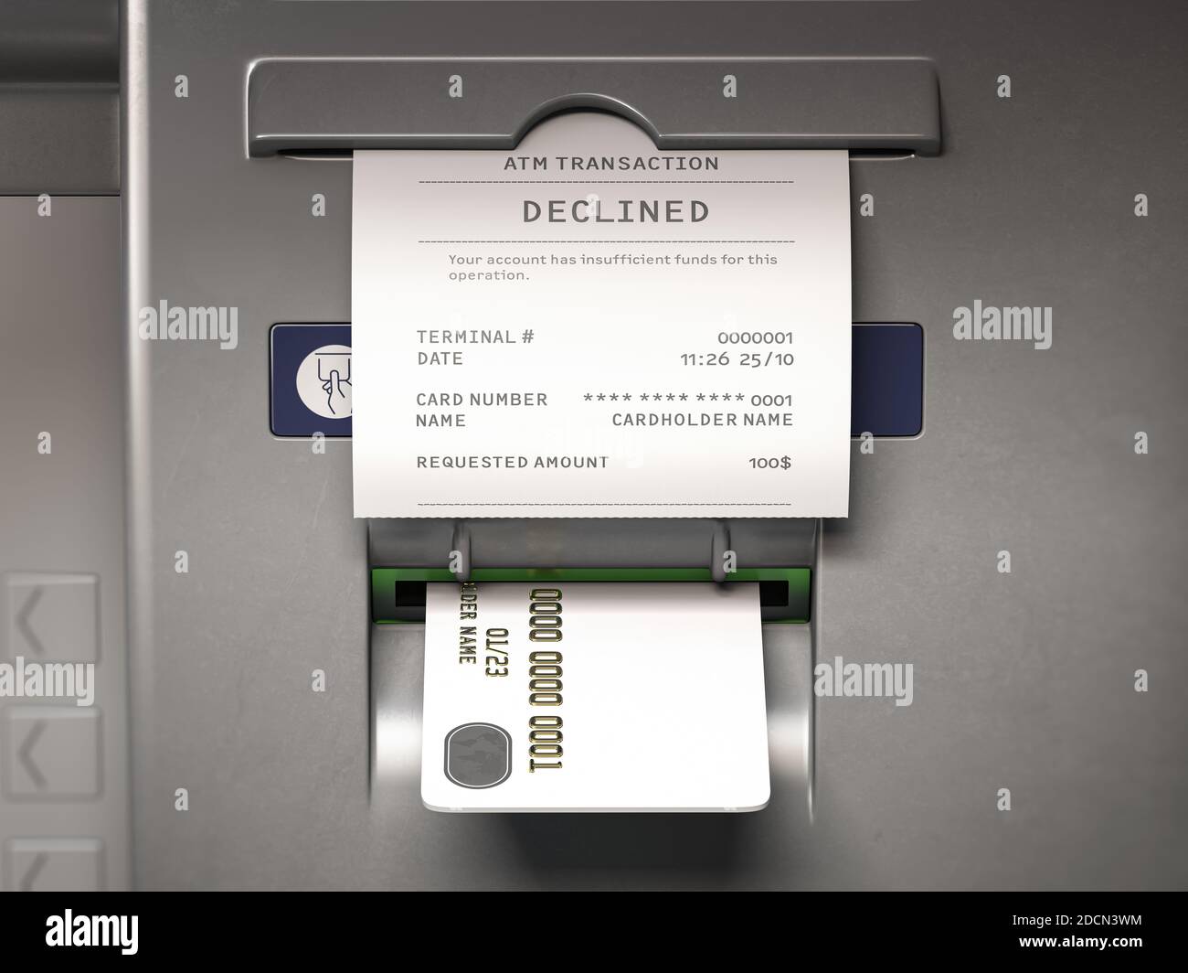 ATM machine and receipt with text declined for insufficient funds on ...