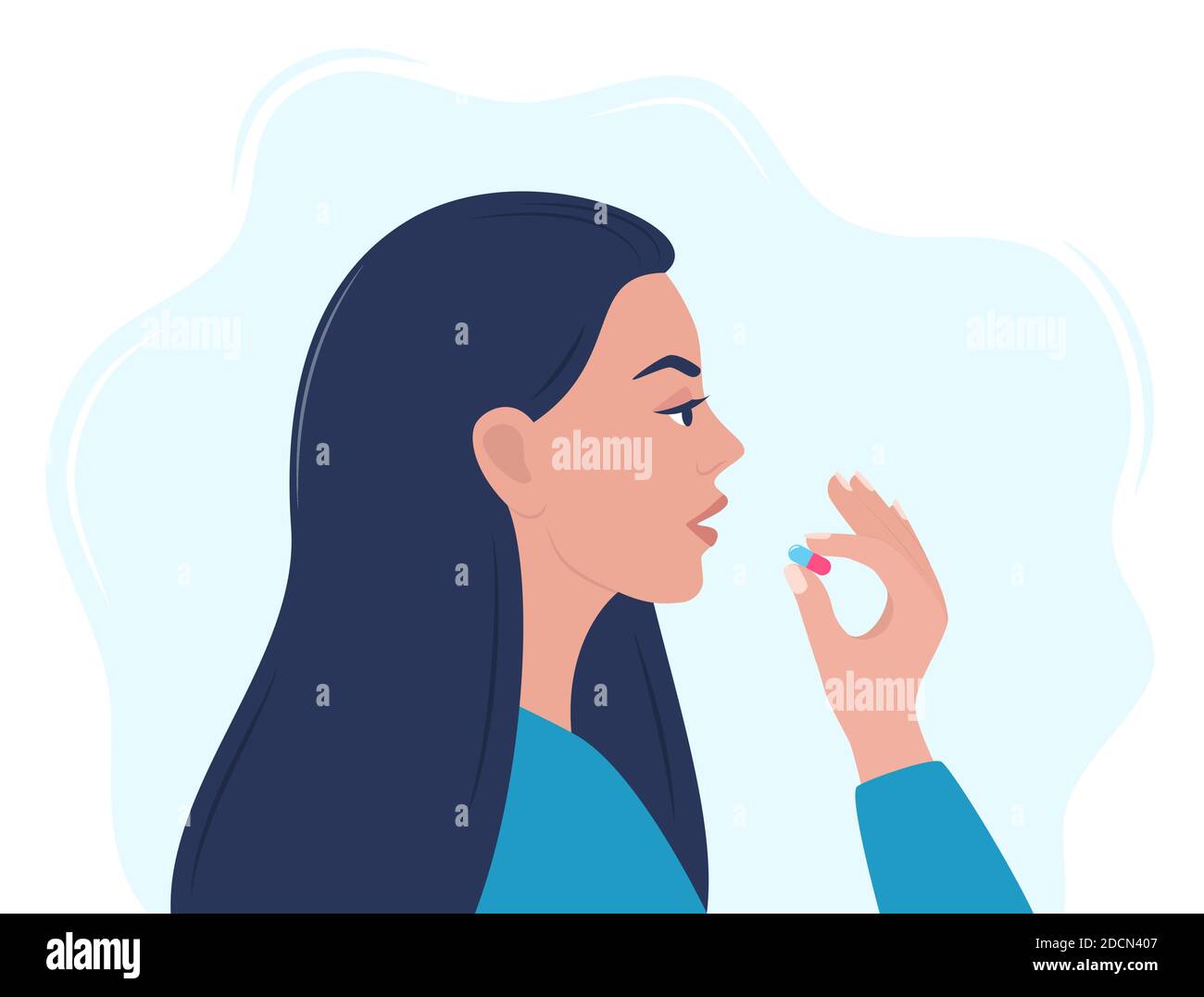Woman taking a pill in to her mouth. Woman holds a pill in her hand and intends to take it. Medication treatment, pharmacy and medicine, concept vecto Stock Vector