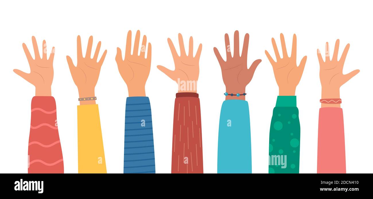 Multicultural crowd of people with hands up, teamwork of multinational team. Diverse young people, male and female, hands. Teamwork, friendship, unity Stock Vector