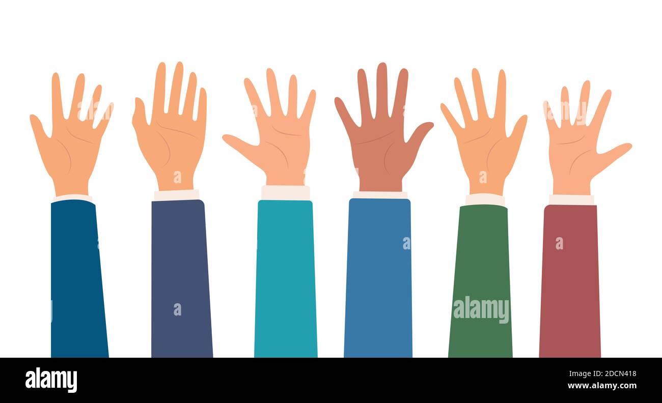 Multicultural crowd of people with hands up, teamwork of multinational team. Male and female hands. Teamwork, friendship, unity, help, volunteering co Stock Vector