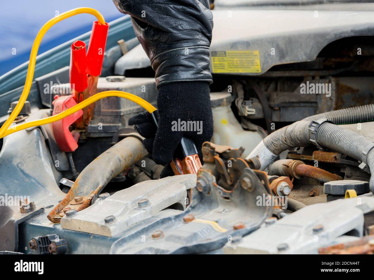Attaching a jumper cable to boost a car. The positive cable in the