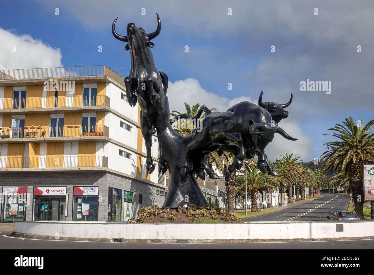 The Bulls Statue Monument To The Bulls And Bullfighting On A Roundabout Opposite The Bullring In Angra Do Heroismo Terceira Island The Azores Portugal Stock Photo