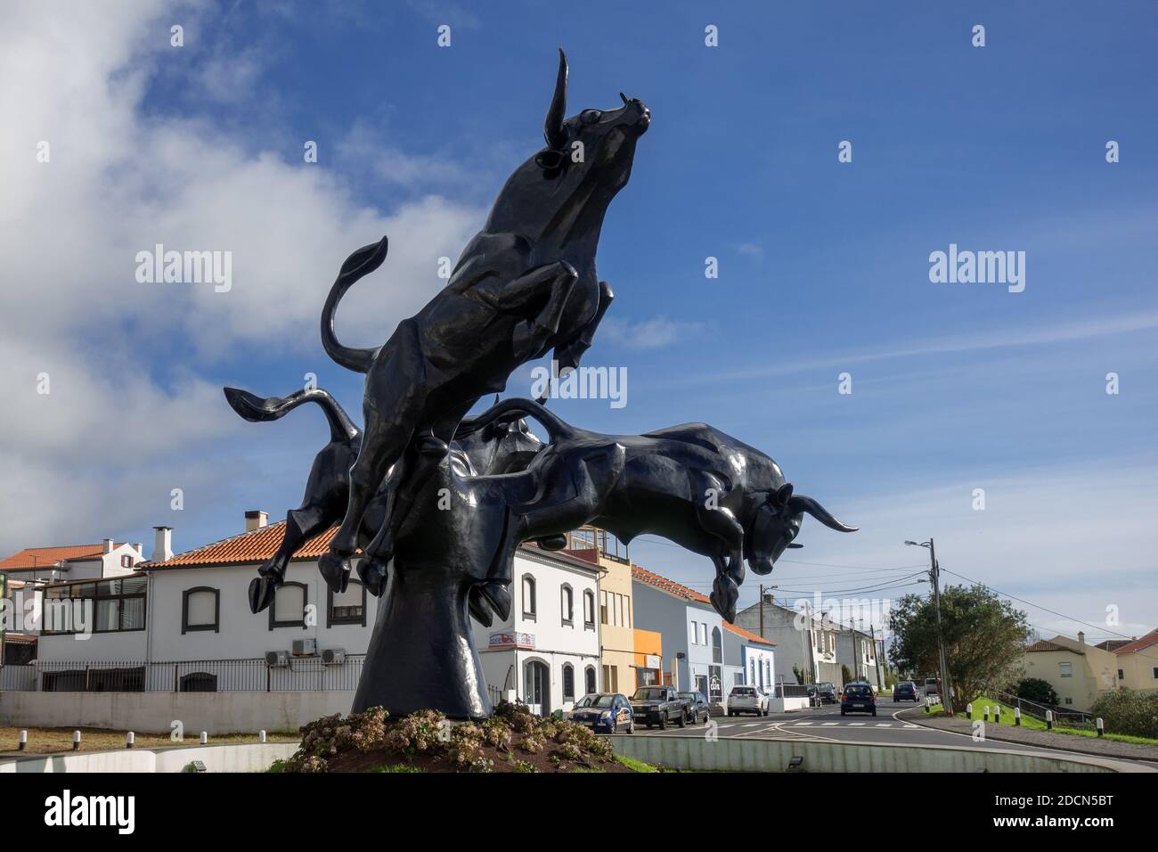 The Bulls Statue Monument To The Bulls And Bullfighting On A Roundabout Opposite The Bullring In Angra Do Heroismo Terceira Island The Azores Portugal Stock Photo