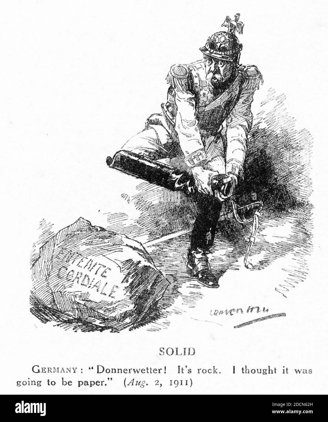 Engraving of Germany getting a surprise taking on the Entente Cordiale in 1911. From Punch magazine, 1911. Stock Photo
