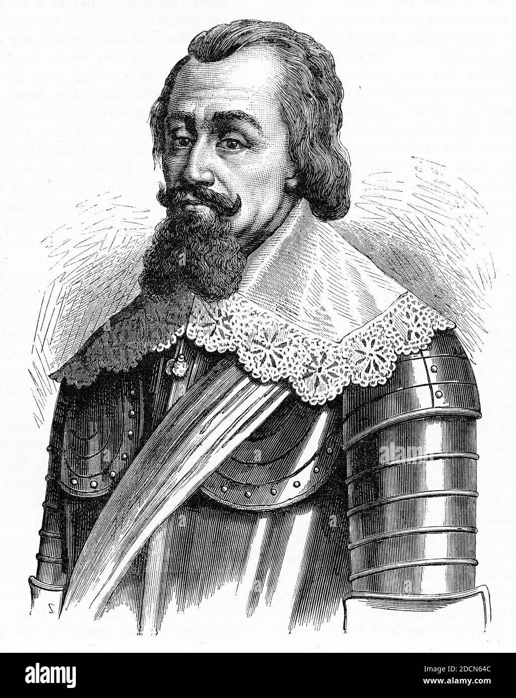 Engraved portrait of Axel Gustafsson Oxenstierna af Södermöre (1583–1654), Count of Södermöre, a Swedish statesman. who became a member of the Swedish Privy Council in 1609 and served as Lord High Chancellor of Sweden from 1612 until his death. Stock Photo