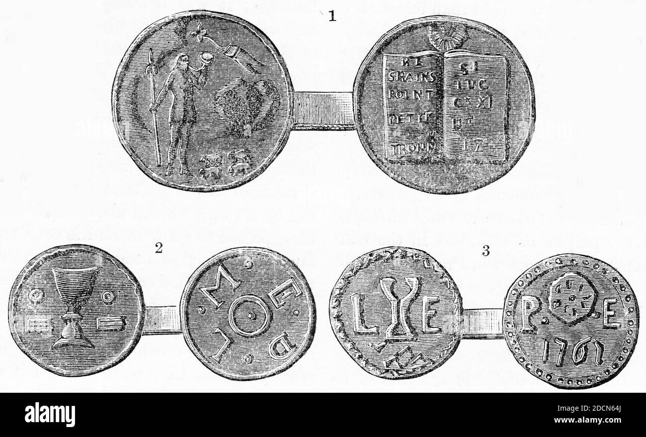 Engraving of huguenot medals or communion tokens, given only to church members considerd to be worthy of sharing the Lord' supper. Stock Photo