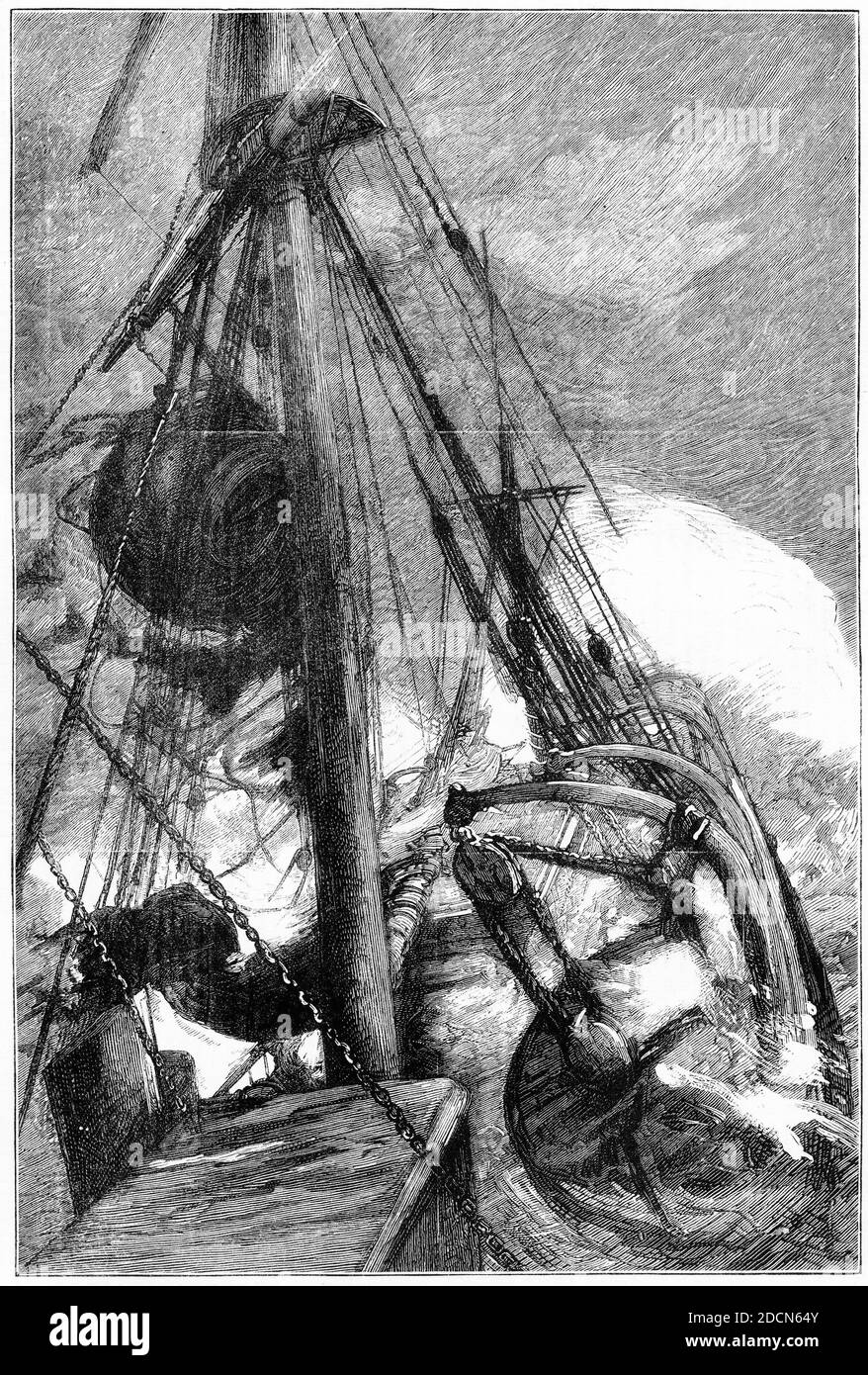 Engraving of a sailing ship damaged in a storm. This view from the bridge shows the topsail blown away and waves crashing over the deck. Stock Photo