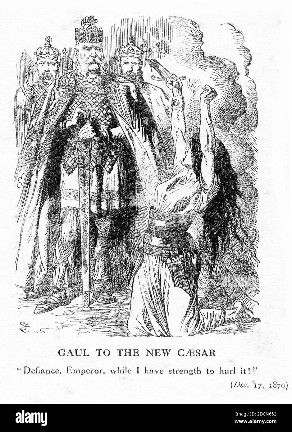 Engraving of Gaul, portrayed as a woman, standing up to the emperor.  Illustration from Punch Magazine 1864 Stock Photo