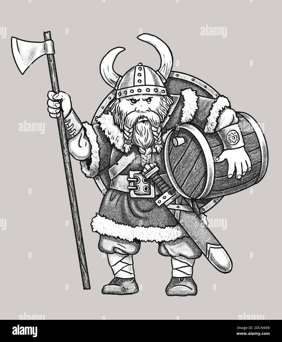 Viking with ax. Medieval robber. Black white comic drawing. Stock Photo