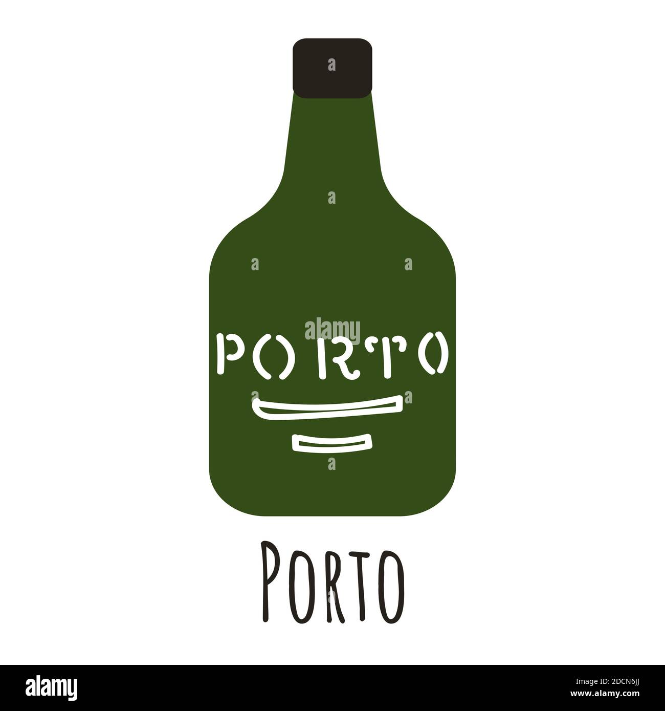 Flat style bottle of port wine, symbol of Porto. Landmark icon for travelers. Vector illustration isolated on white background. Stock Vector