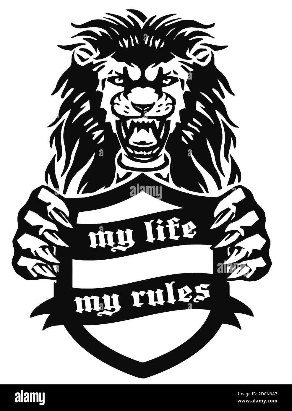 The terrible Lion holds in its paws a shield with the inscription ' My life - my rules', drawing for tattoo, on a white background, vector Stock Vector