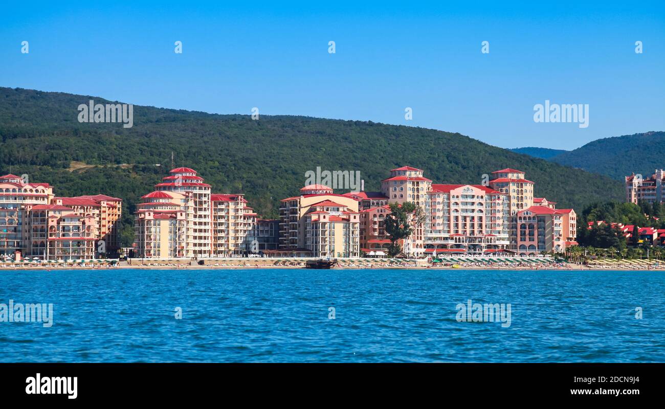 Seaside view of Elenite, resort complex in Bulgaria. Modern hotels along the beach at sunny day Stock Photo