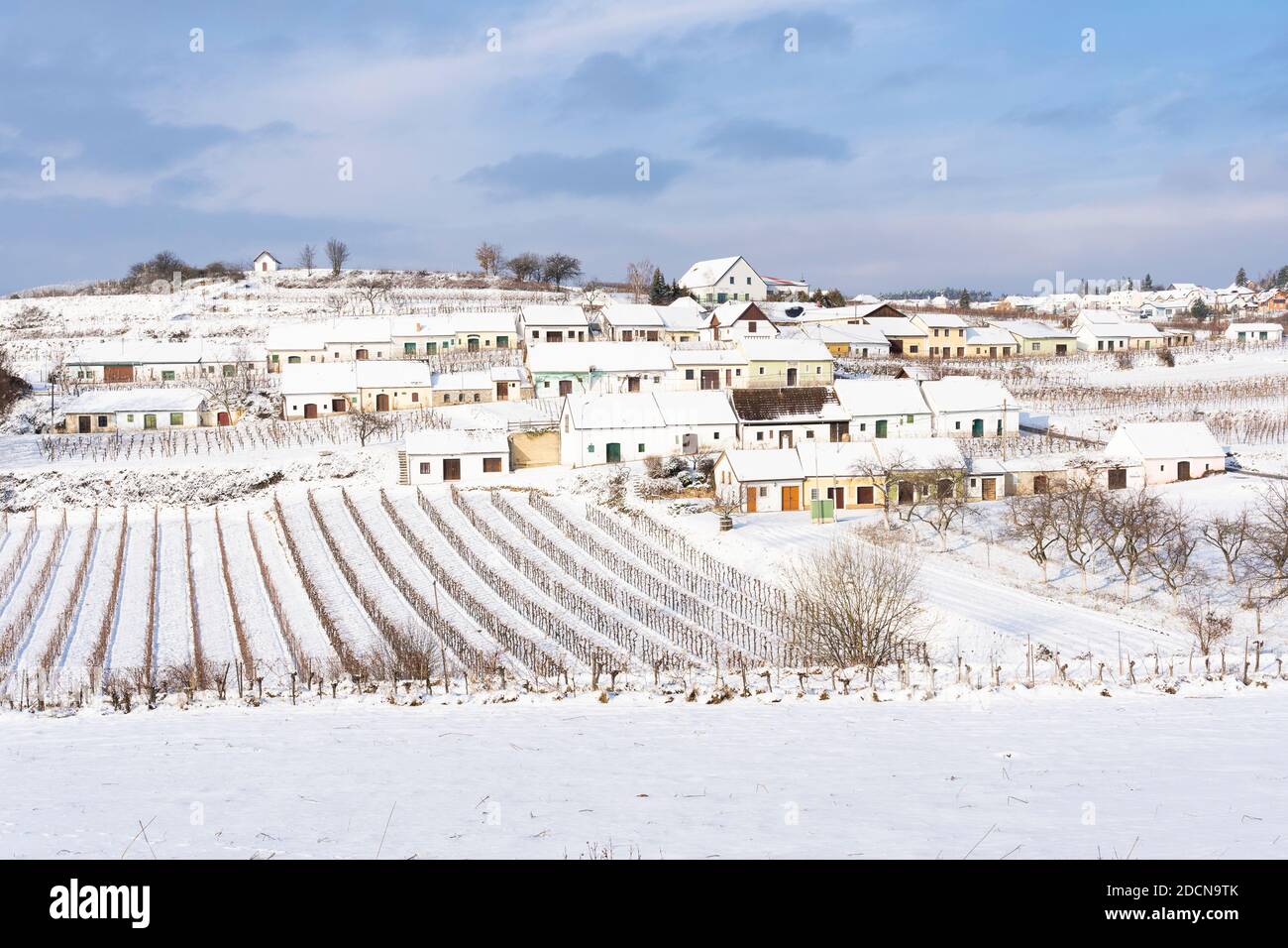 Snow in winter time lies deep on the distinctive terraces of wine cellars on Mittelberg Kellergasse, popular with wine lovers, Lower Austria Stock Photo
