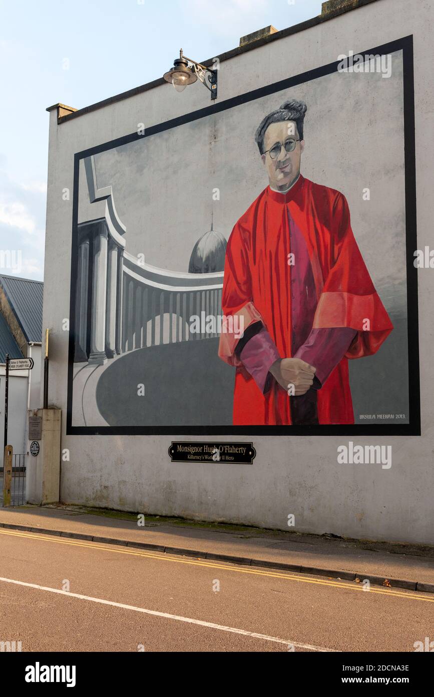 Monsignor Hugh O'Flaherty mural and art work by Ursula Meehan and Commemorative Plaque in O'Flaherty Street Killarney, County Kerry, Ireland Stock Photo