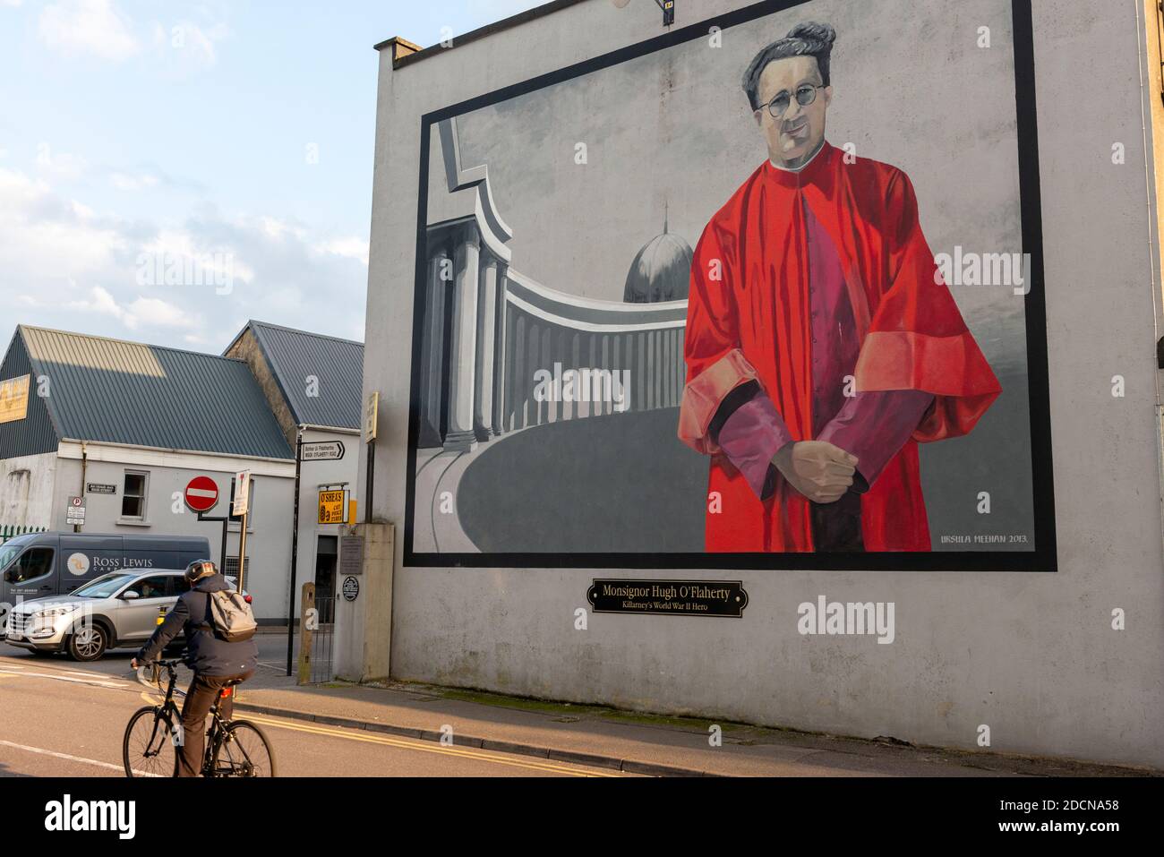 Mural and art work by Ursula Meehan and Commemorative Plaque for Monsignor Hugh O'Flaherty in O'Flaherty Street Killarney, County Kerry, Ireland Stock Photo