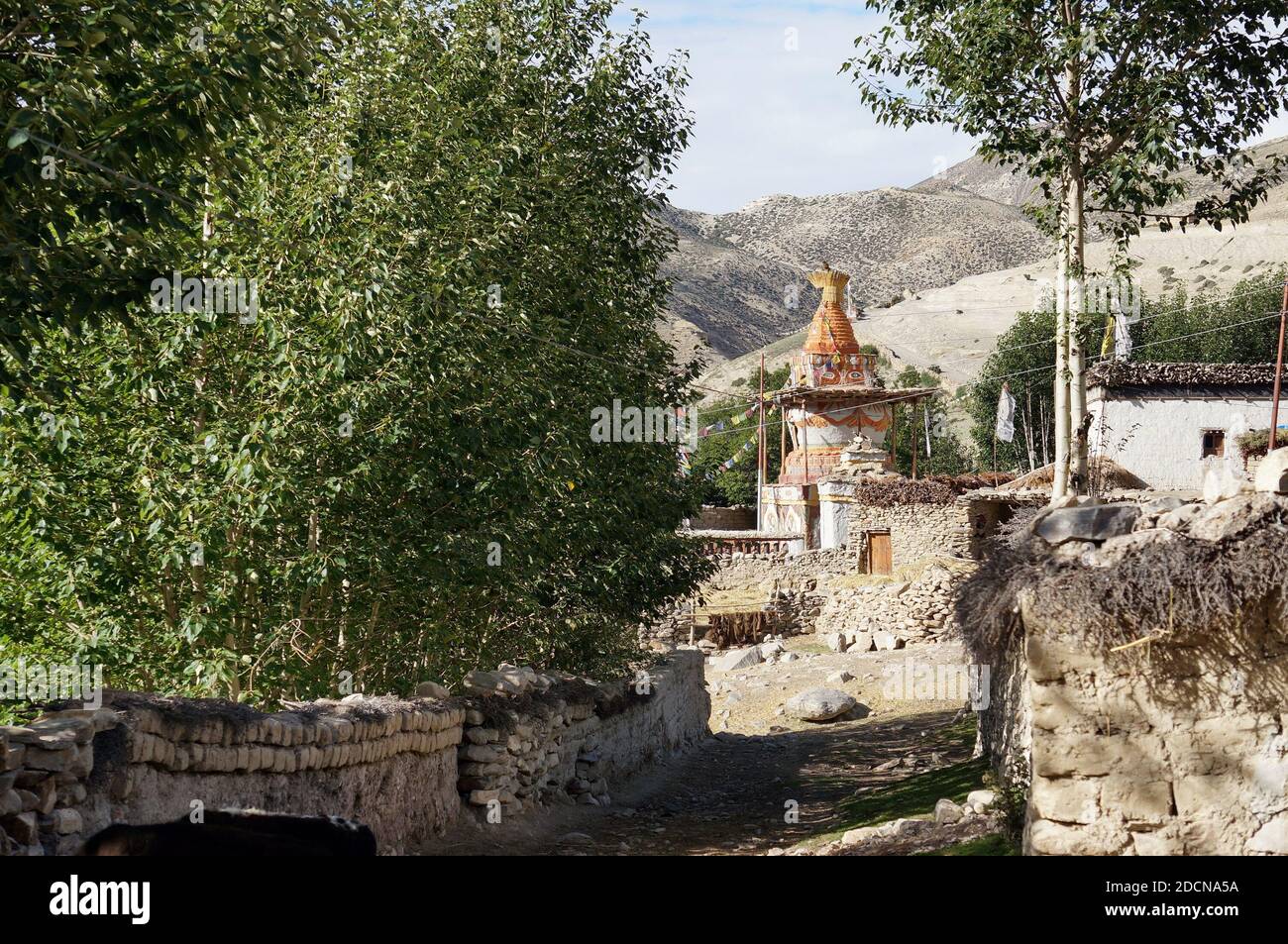 The street leads to the colorful chorten of Buddhist monastery in the Tsarang village. Hiking to the closed zone of Upper Mustang. Nepal. Stock Photo