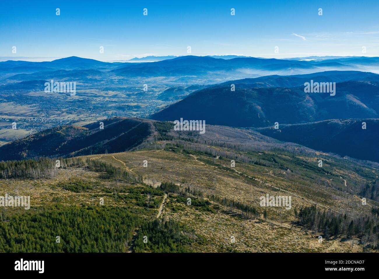 Polish mountains in Silesia Beskid in Szczyrk. Skrzyczne hill inPoland in autumn, fall season aerial drone photo view Stock Photo