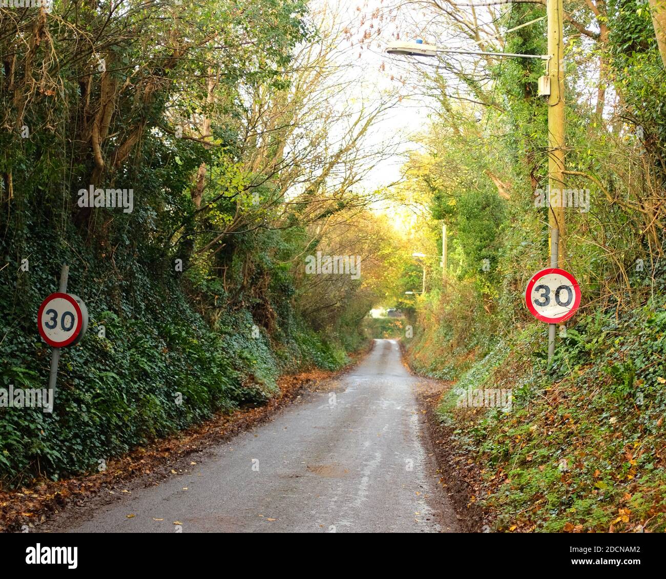 November 2020 - 30 mph speed limit signs on the entrance to the village of Cheddar, in Somerset, UK Stock Photo