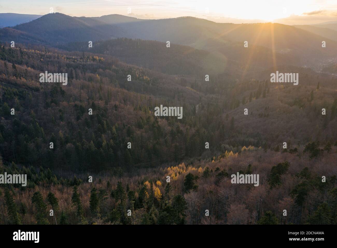 Polish mountains in Silesia Beskid in Szczyrk. Skrzyczne hill inPoland in autumn, fall season aerial drone photo view Stock Photo