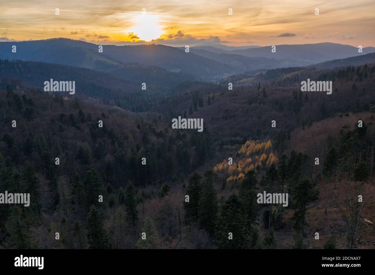 Polish mountains in Silesia Beskid in Szczyrk. Skrzyczne hill inPoland in autumn, fall season aerial drone photo view Stock Photo