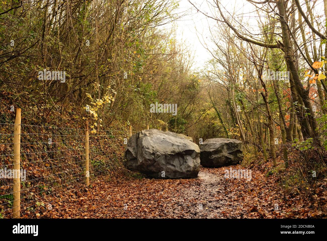 November 2020 - Large boulders placed in a country lane to prevent 4x4 off roaders using it and destroying the delicate local environment Stock Photo
