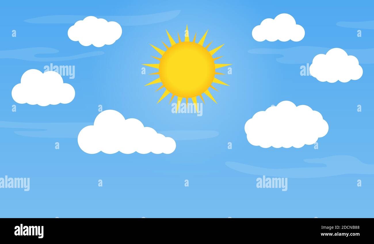 Sun and different clouds in blue sky vector illustration Stock Vector