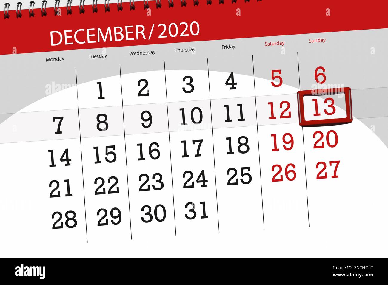 Calendar Planner For The Month December Deadline Day 13 Sunday Stock Photo Alamy