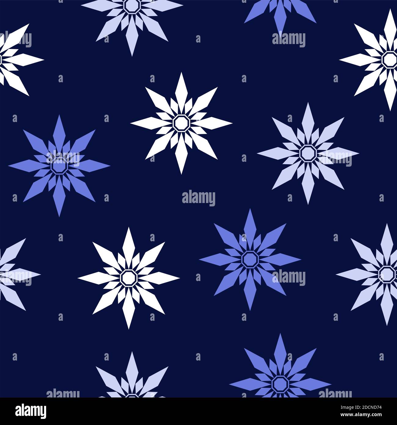 Seamless pattern of geometric white light blue snowflakes stars on dark ...
