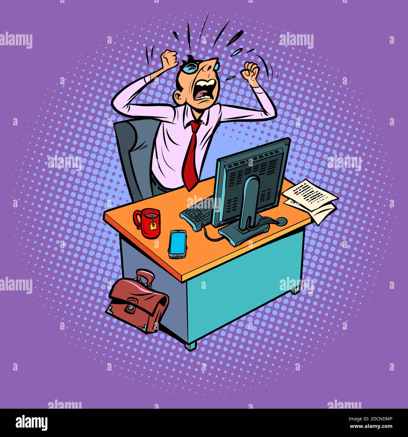 angry furious male businessman works at an office workplace at a computer Stock Vector
