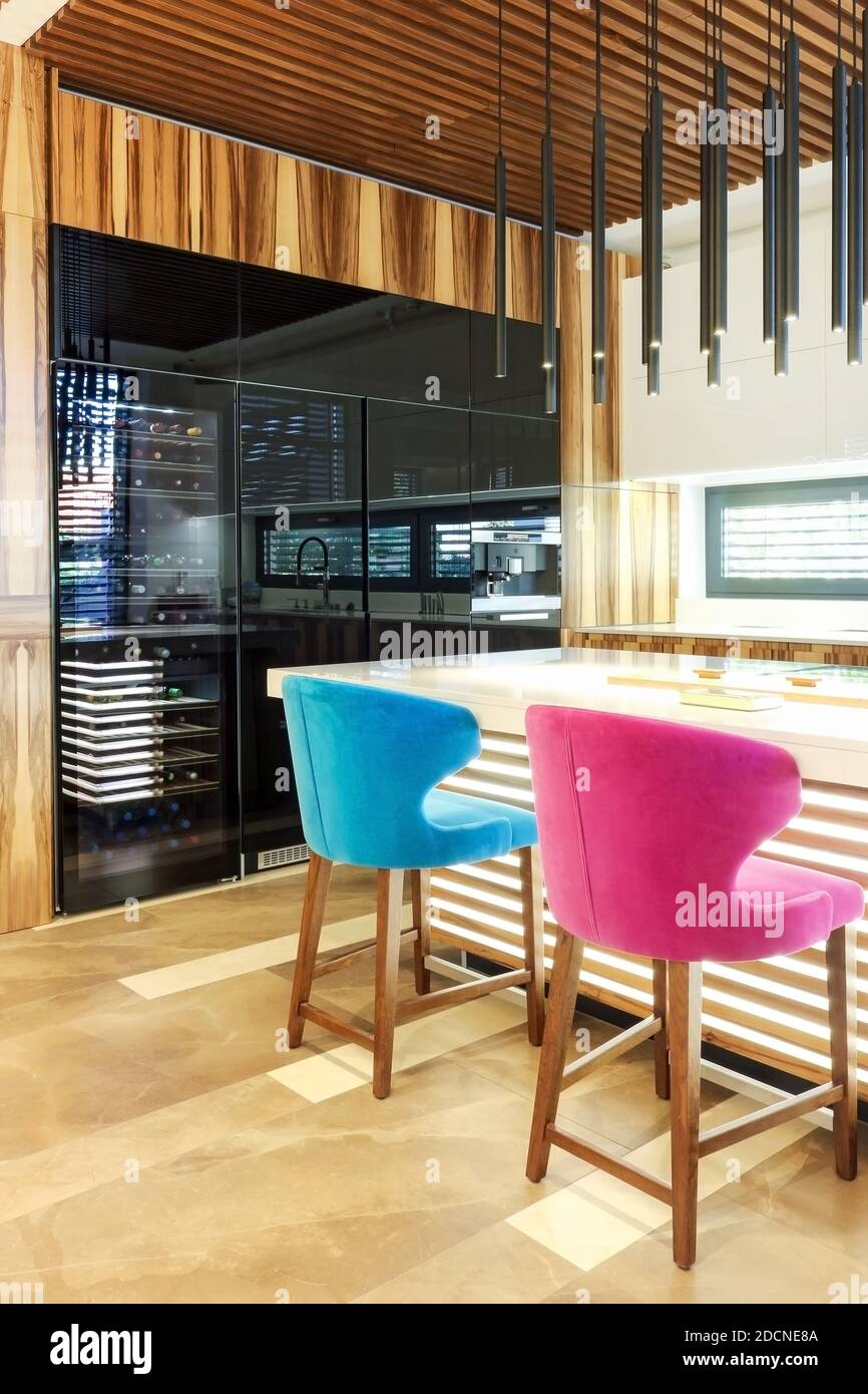 https://c8.alamy.com/comp/2DCNE8A/contemporary-kitchen-corner-with-slat-wooden-ceiling-and-details-glossy-black-fridge-with-winery-sleek-white-countertop-tile-flooring-blue-and-pin-2DCNE8A.jpg