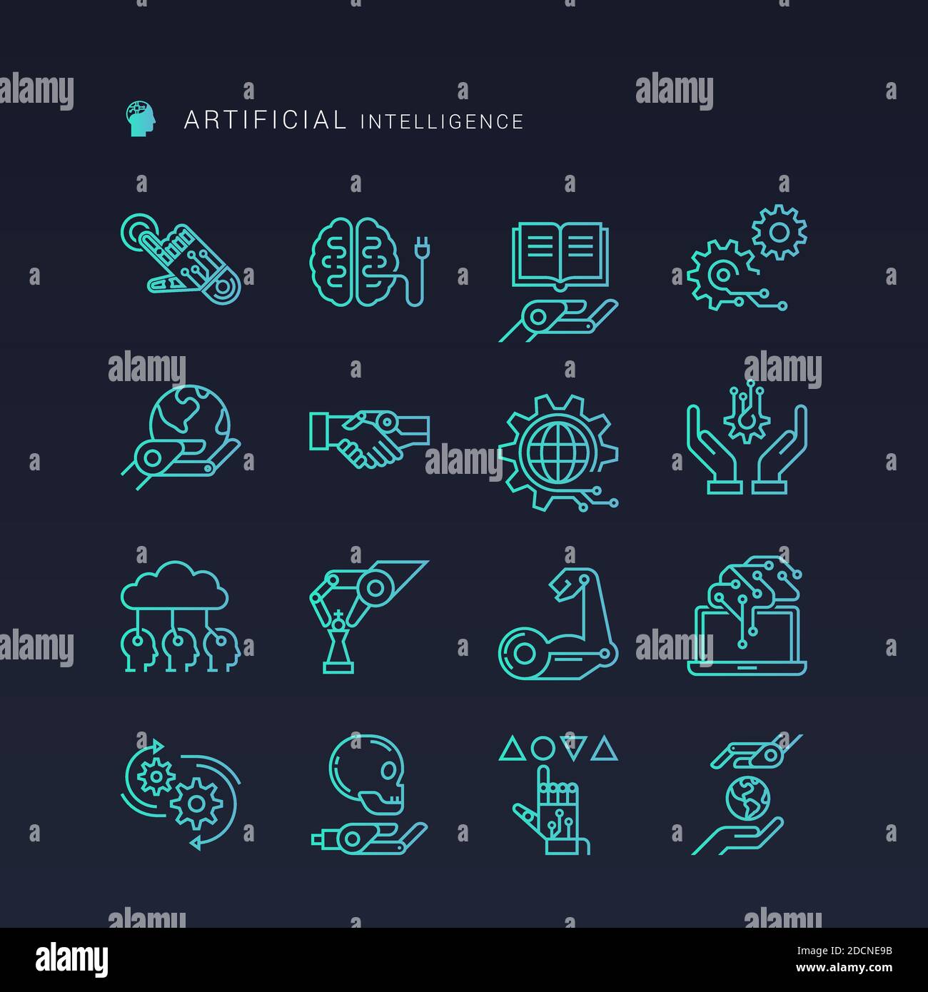 Icons of robotics and artificial intelligence in a linear style drawn ...