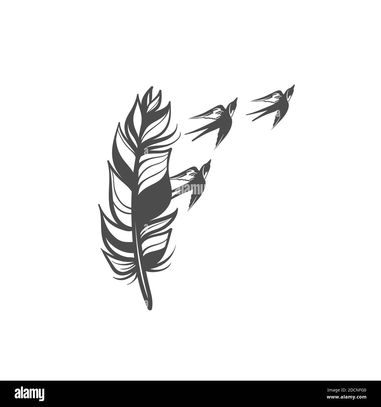 stylized feathers with scattering birds in the form of a tattoo Stock Vector