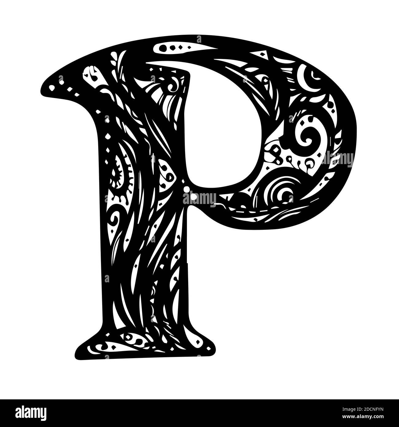 Letter P - Script. Vintage initials letter P Design Vector. Alphabet, Calligraphy, Typography, Monogram. Black and White ink art print Stock Vector