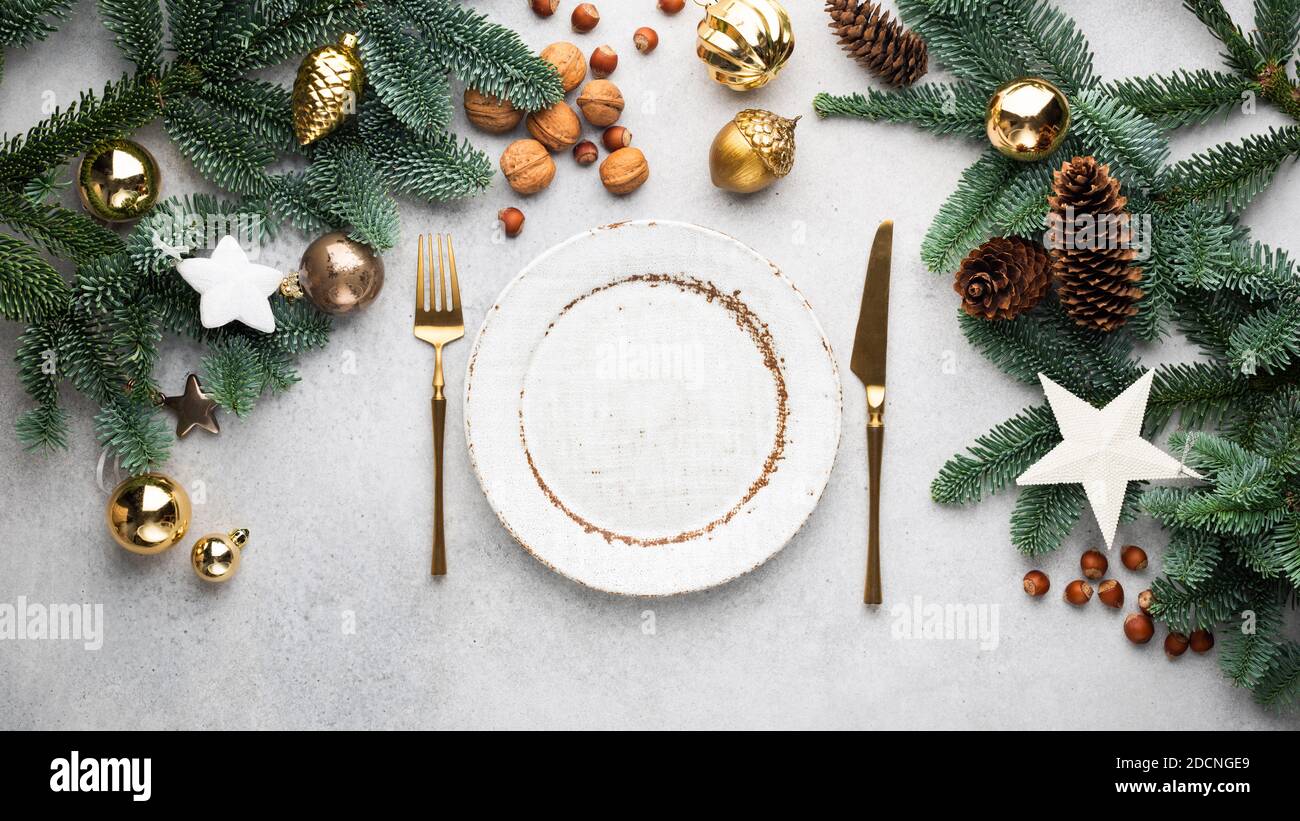 Christmas Banner Dinner Table Setting Frame With Empty Plate, Cutlery