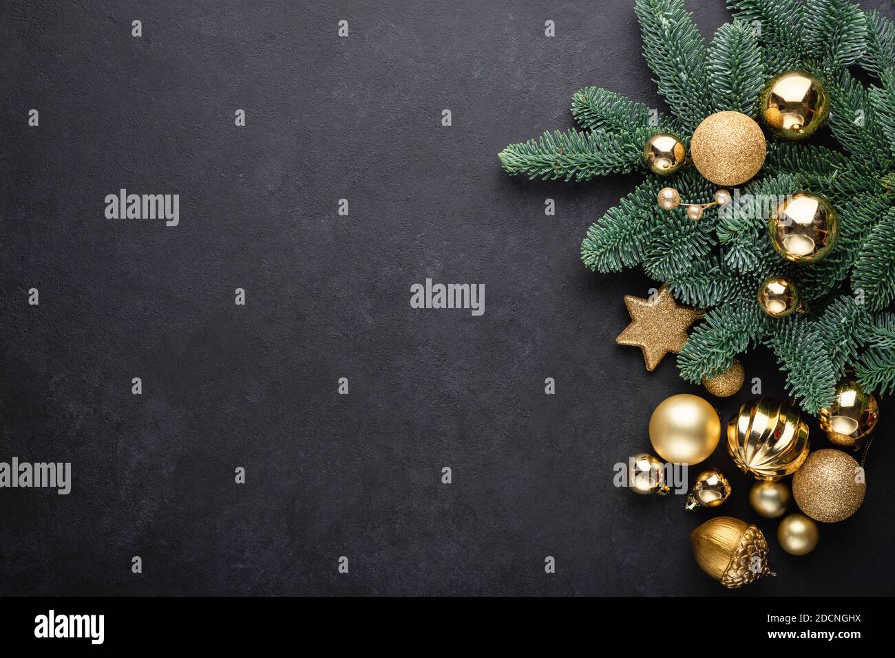 Christmas Background Fir Tree Golden Toys On Black Concrete Background ...