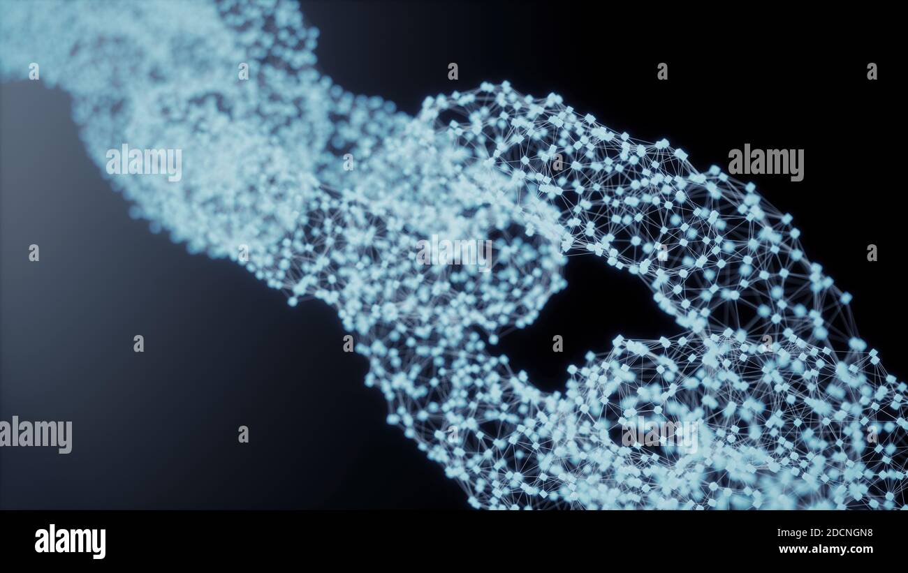 Blockchain link network technology concept. Block chain digital illuminated shape. Big data node base concept. Low poly design glowing three dimension Stock Photo