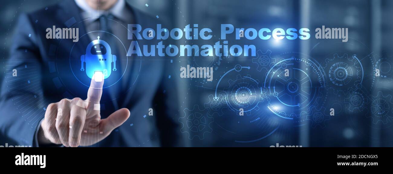RPA Robotic Process Automation. Technology concept on virtual screen. Ai algorithm analyze Business. Stock Photo